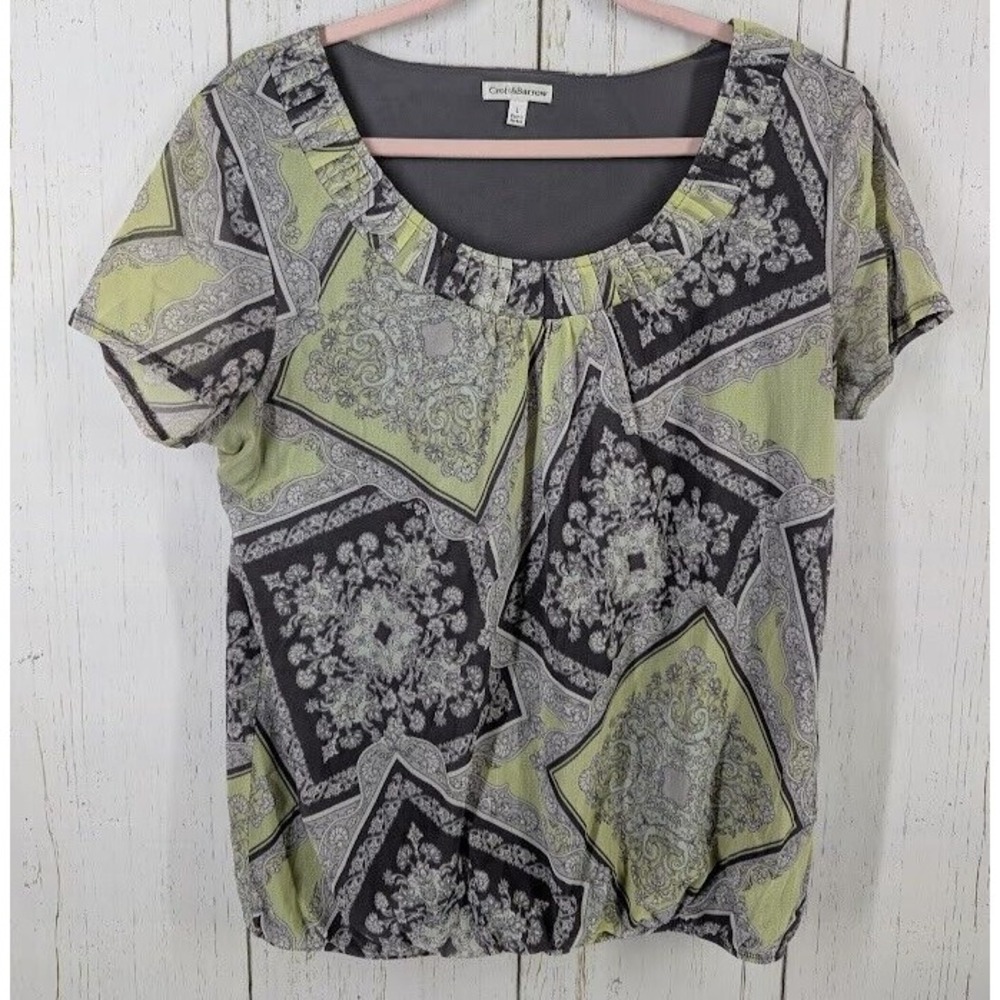 Croft Barrow Size Large Gray Yellow Picture Frame Pattern Womens Short Sleeve